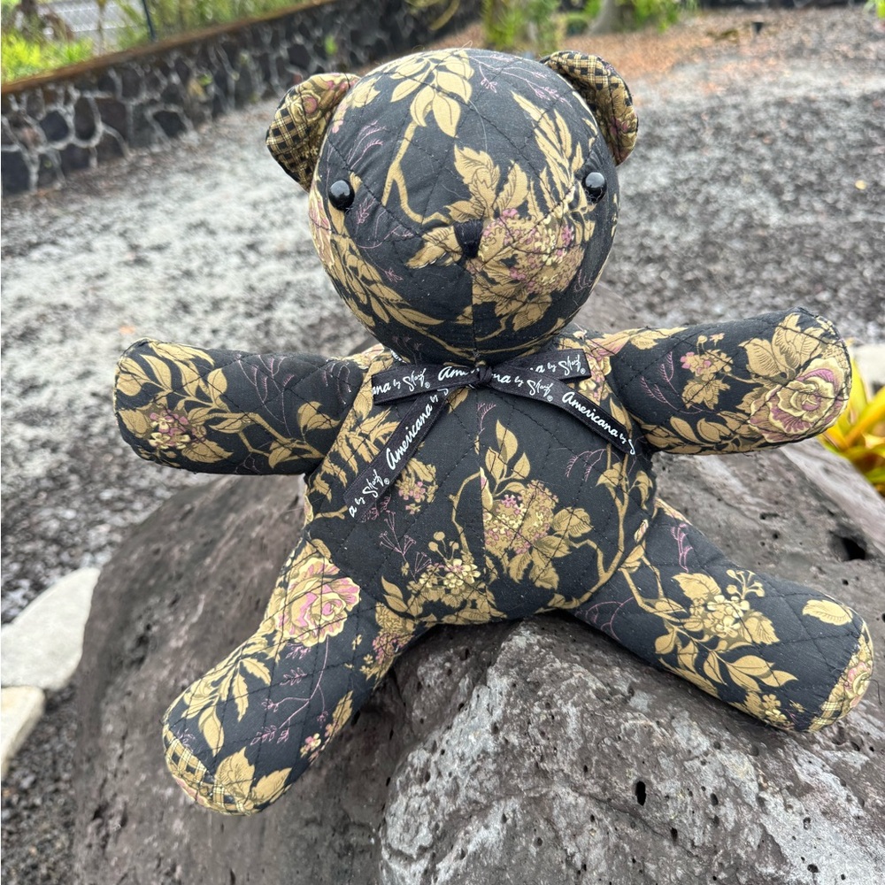 Americana by Sharif Quilted Fabric Teddy Bear Black with gold rose floral print